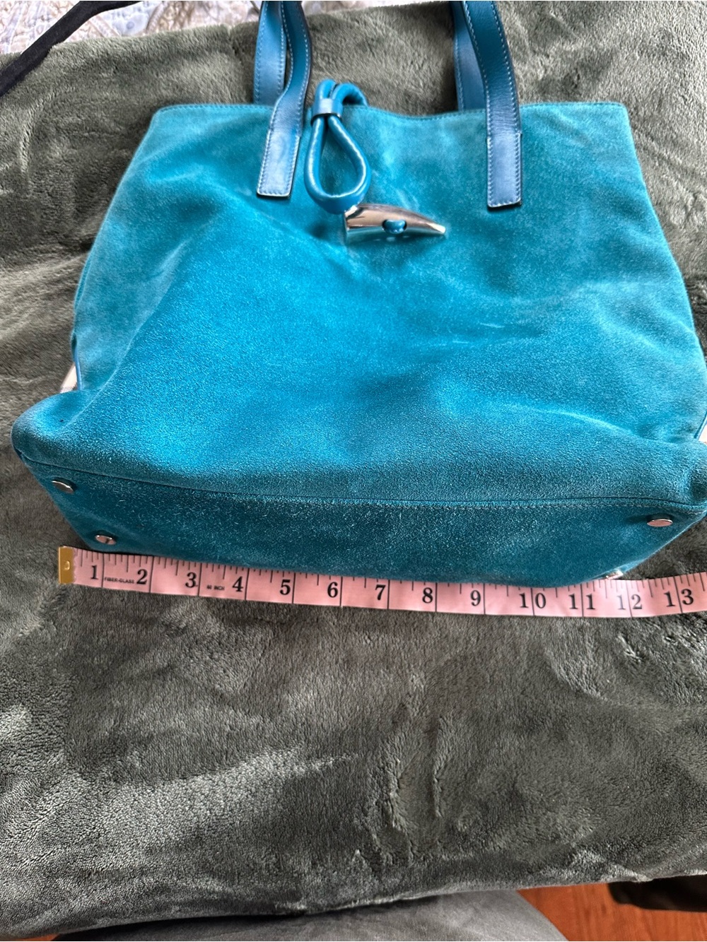 AUTHENTIC Burberry Teal Suede Tote Bag with Leather Trim
